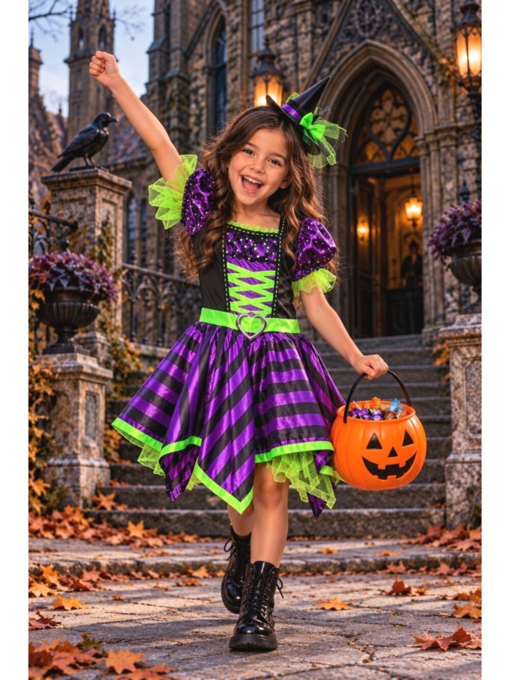 Girls Halloween Costume Purple Black Green Witch Dress Striped Puff Sleeves